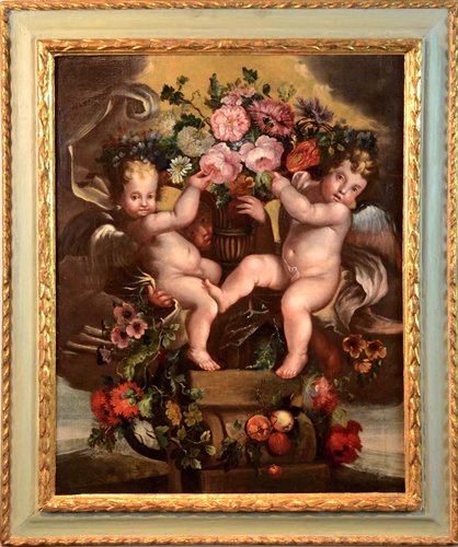 Grande dipinto raffigurante un'opulenta natura morta con trofeo floreale e putti